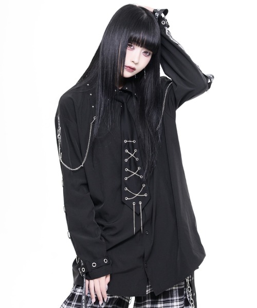 TRAVAS TOKYO(トラバス トウキョウ)の「『TRAVAS TOKYO/トラバス トーキョー』ネクタイ付きパンクスデザインシャツ(シャツ/ブラウス・レディース・ブラック/ホワイト・FREE)」の1枚目の写真