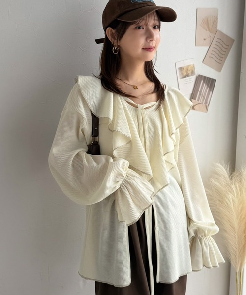 classicalelf(クラシカルエルフ)の「ひと目で恋する、主役級フリル。ワッフルフリルリボンキャンディスリーブカーディガントップス(Tシャツ/カットソー・レディース・ブラック/ブラウン/アイボリー・LARGE/MEDIUM/SMALL/X-LARGE)」の8枚目の写真