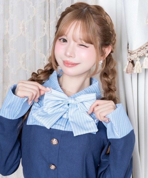 Mejoul(メジュール)の「【2026秋冬新作】ボウタイリボンシャツドッキングプリーツ切替ミニワンピース(ワンピース・レディース・ブルー/ピンク・F)」の19枚目の写真