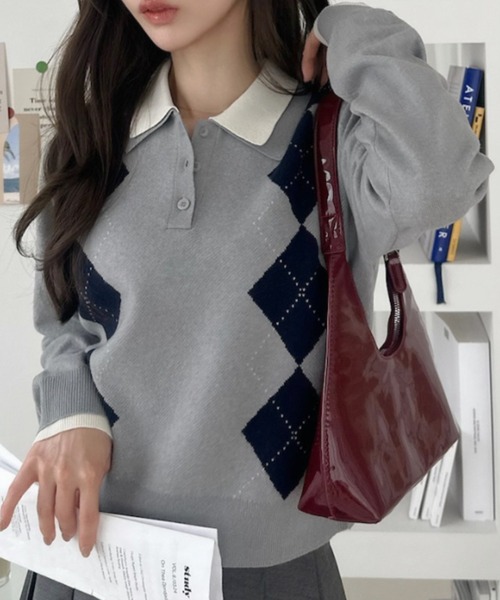 Ada.（エイダ）の「配色レイヤード風 アーガイル ニット（ニット/セーター・レディース・グレー/キャメル/ブラウン・FREE）」の9枚目の写真