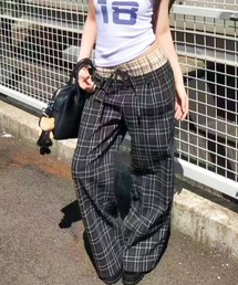 【穿くだけでY2Kムード】レイヤード風チェックワイドパンツ