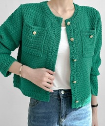 長袖 ゴールドボタン ツイード風 ニットカーディガン 胸ポケット ショート丈 【オフィスカジュアル】【きれいめカジュアル】 レディース韓国風