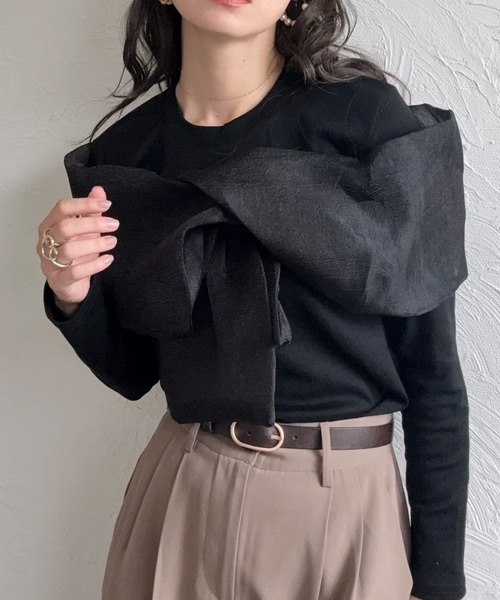 deux amour(ドゥーザムール)の「胸元長袖カシュクールトップス(Tシャツ/カットソー・レディース・ホワイト/ブラック/ピンク・MEDIUM)」の3枚目の写真