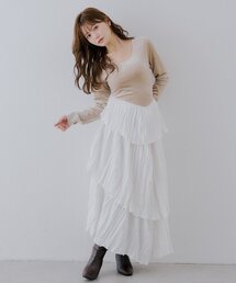 【SALON by Chico】ベロアドッキングラッフルアシメプリーツワンピース