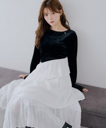 【SALON by Chico】ベロアドッキングラッフルアシメプリーツワンピース