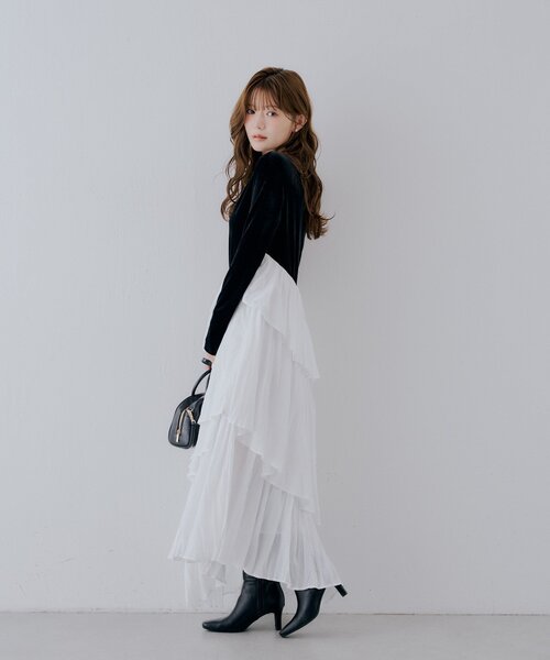 Chico（チコ）の「【SALON by Chico】ベロアドッキングラッフルアシメプリーツワンピース（ワンピース・レディース・ベージュ/ブラック/ブラウン系その他・FREE）」の15枚目の写真