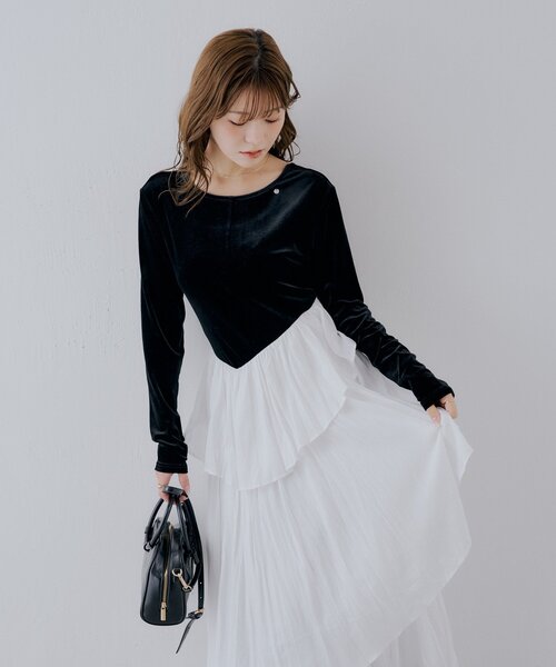 Chico（チコ）の「【SALON by Chico】ベロアドッキングラッフルアシメプリーツワンピース（ワンピース・レディース・ベージュ/ブラック/ブラウン系その他・FREE）」の17枚目の写真
