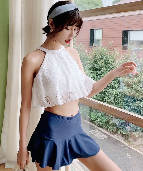 TeddyShop（テディショップ）の「体型カバー水着 レディース ハイネックレースビキニ ハイウエストスカート 2点セット（水着・レディース・ホワイト/ブラック/ピンク/イエロー/ホワイト系その他/ピンク系その他/ネイビー/ブラック×ブラック/ホワイト×グリーン/ブラック×レッド/ホワイト×ブルー/ワイン/ブラック×ブルー/ブラック系その他2/ホワイト系その他2/ホワイト×ブラック/ベビーピンク/ホワイト系その他3/ブラック系その他/ブラックミックス・M/L/XL）」の4枚目の写真