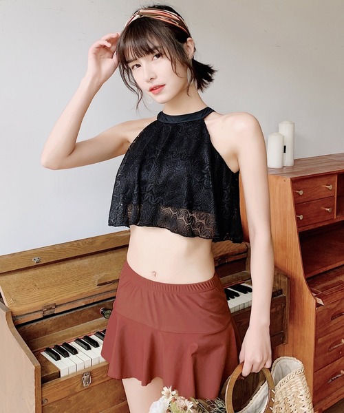 TeddyShop（テディショップ）の「体型カバー水着 レディース ハイネックレースビキニ ハイウエストスカート 2点セット（水着・レディース・ホワイト/ブラック/ピンク/イエロー/ホワイト系その他/ピンク系その他/ネイビー/ブラック×ブラック/ホワイト×グリーン/ブラック×レッド/ホワイト×ブルー/ワイン/ブラック×ブルー/ブラック系その他2/ホワイト系その他2/ホワイト×ブラック/ベビーピンク/ホワイト系その他3/ブラック系その他/ブラックミックス・M/L/XL）」の13枚目の写真