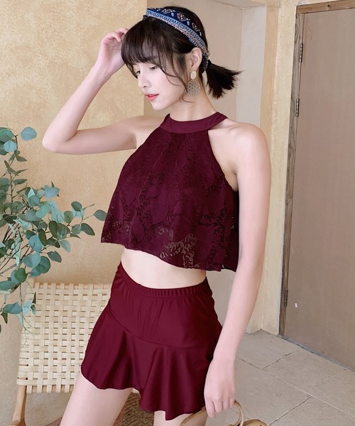 TeddyShop（テディショップ）の「体型カバー水着 レディース ハイネックレースビキニ ハイウエストスカート 2点セット（水着・レディース・ホワイト/ブラック/ピンク/イエロー/ホワイト系その他/ピンク系その他/ネイビー/ブラック×ブラック/ホワイト×グリーン/ブラック×レッド/ホワイト×ブルー/ワイン/ブラック×ブルー/ブラック系その他2/ホワイト系その他2/ホワイト×ブラック/ベビーピンク/ホワイト系その他3/ブラック系その他/ブラックミックス・M/L/XL）」の20枚目の写真