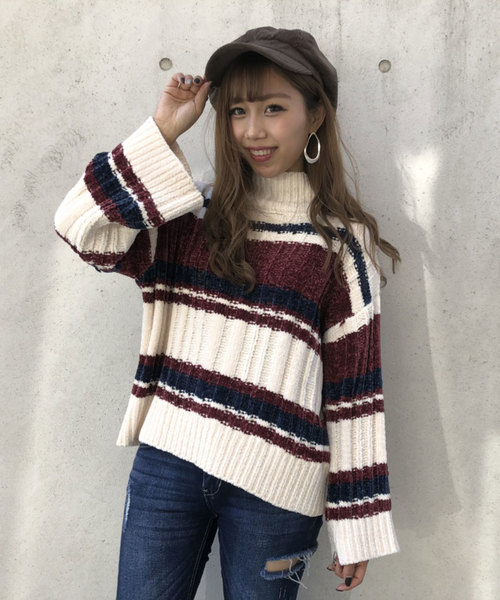 one way(ワンウェイ)の「モールボーダーハイネックKT(ニット/セーター・レディース・ホワイト/ライトグリーン/ラベンダー・M)」の2枚目の写真