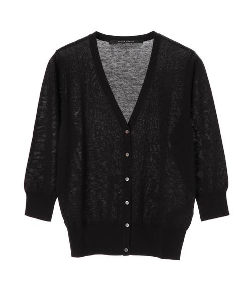 YECCA VECCA（イェッカヴェッカ）の「・UVカットウォッシャブル7分袖Vネックカーディガン●（カーディガン/ボレロ・レディース・ブラック/ブラウン/オフホワイト/イエロー/グリーン/ラベンダー・FREE）」の8枚目の写真