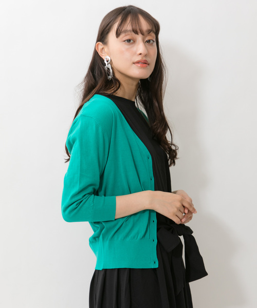 YECCA VECCA（イェッカヴェッカ）の「・UVカットウォッシャブル7分袖Vネックカーディガン●（カーディガン/ボレロ・レディース・ブラック/ブラウン/オフホワイト/イエロー/グリーン/ラベンダー・FREE）」の4枚目の写真