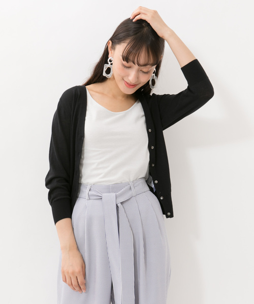 YECCA VECCA（イェッカヴェッカ）の「・UVカットウォッシャブル7分袖Vネックカーディガン●（カーディガン/ボレロ・レディース・ブラック/ブラウン/オフホワイト/イエロー/グリーン/ラベンダー・FREE）」の3枚目の写真