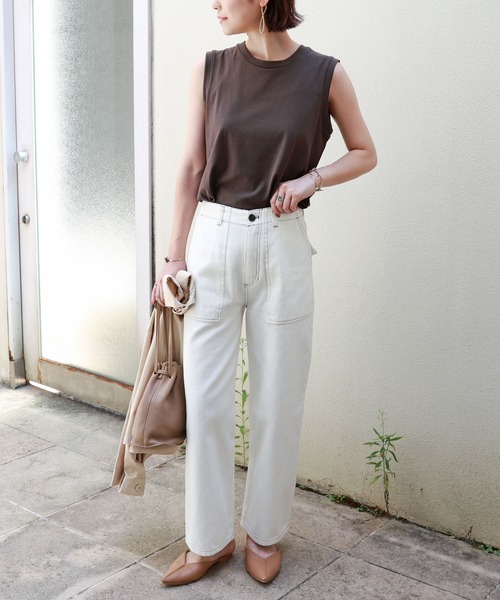 andme（アンドミー）の「コットンハイウエストベイカーワイドパンツ（チノパンツ・レディース・ブラック/オフホワイト/ライトベージュ・S/M/L）」の4枚目の写真