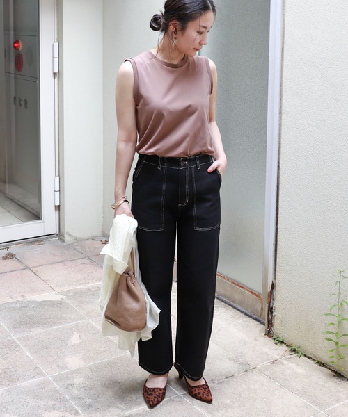 andme（アンドミー）の「コットンハイウエストベイカーワイドパンツ（チノパンツ・レディース・ブラック/オフホワイト/ライトベージュ・S/M/L）」の5枚目の写真