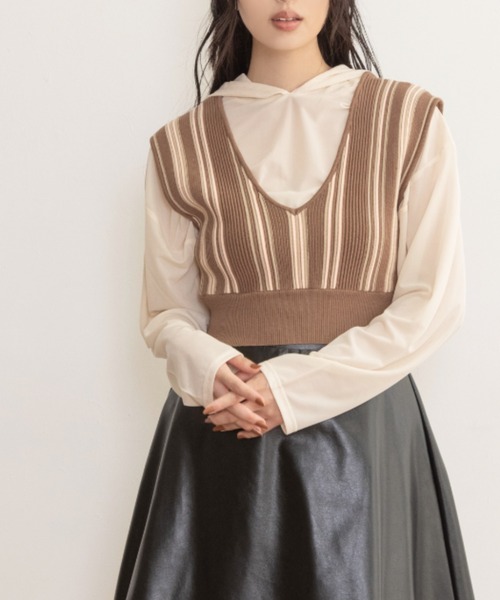 Mysa&Liina(ミーサリーナ)の「クロップド丈ストライプニットビスチェ(ベスト・レディース・ブラック/ベージュ/ブラウン・M)」の1枚目の写真