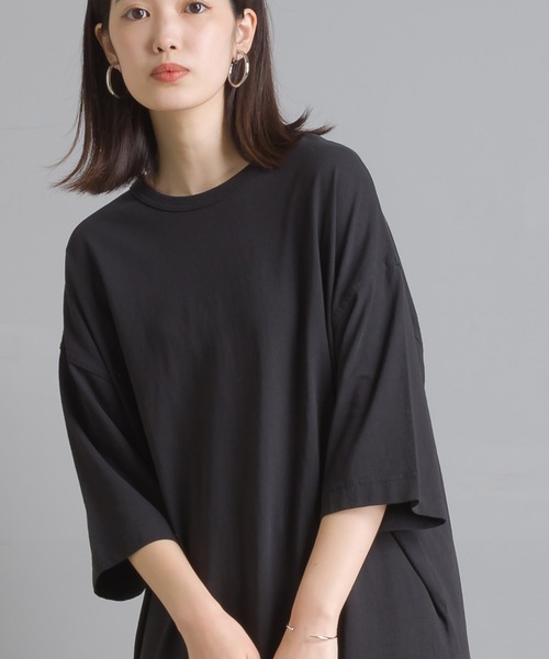 OMNES(オムネス)の「USAコットン サイドスリット入Tシャツワンピース(ワンピース・レディース・ホワイト/ブラック・FREE)」の3枚目の写真
