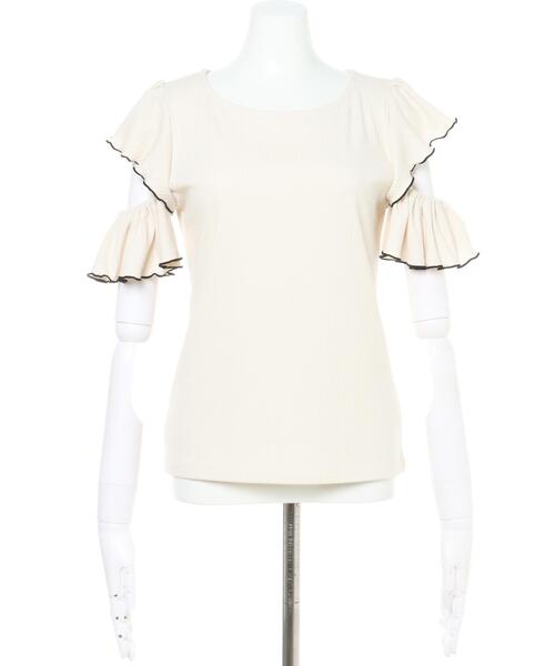 Allamanda（アラマンダ）の「肩開きフリルリブ／トップス（Tシャツ/カットソー・レディース・ホワイト×ブラック/ブラック×ホワイト/サックスブルー系/ふじ色系1・M）」の5枚目の写真