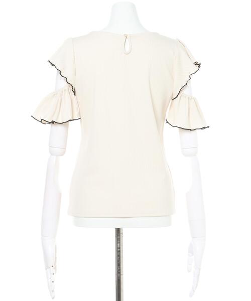 Allamanda（アラマンダ）の「肩開きフリルリブ／トップス（Tシャツ/カットソー・レディース・ホワイト×ブラック/ブラック×ホワイト/サックスブルー系/ふじ色系1・M）」の7枚目の写真