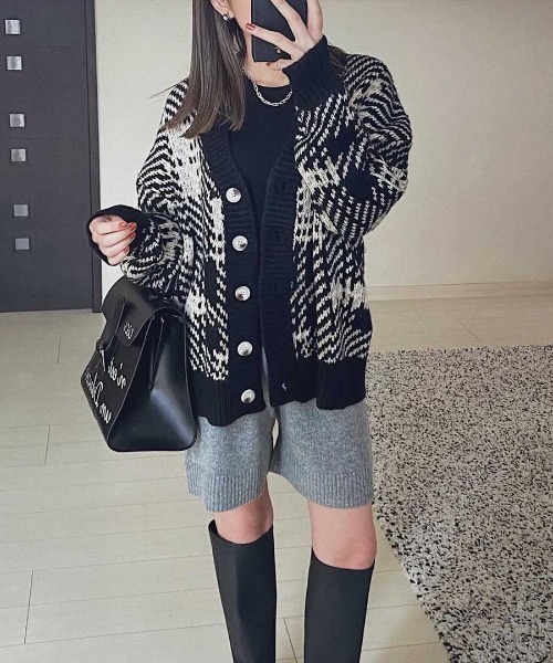 ABITOKYO(アビトーキョー)の「【ABITOKYO ORIGINAL】配色ニットジャガードチェックカーデ(カーディガン/ボレロ・レディース・ホワイト/ブラック/レッド・FREE)」の3枚目の写真