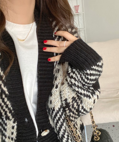 ABITOKYO(アビトーキョー)の「【ABITOKYO ORIGINAL】配色ニットジャガードチェックカーデ(カーディガン/ボレロ・レディース・ホワイト/ブラック/レッド・FREE)」の12枚目の写真