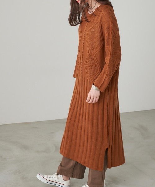 Chaco closet（チャコ クローゼット）の「ローゲージケーブル編みデザインニットワンピース（ワンピース・レディース・ベージュ/グレー/ブラウン・FREE）」の3枚目の写真