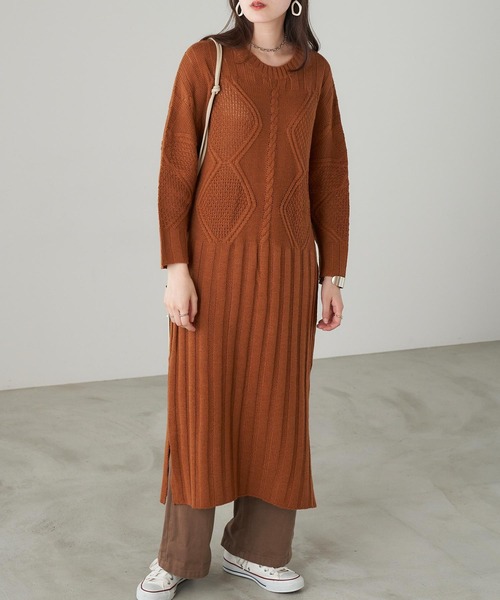 Chaco closet（チャコ クローゼット）の「ローゲージケーブル編みデザインニットワンピース（ワンピース・レディース・ベージュ/グレー/ブラウン・FREE）」の10枚目の写真