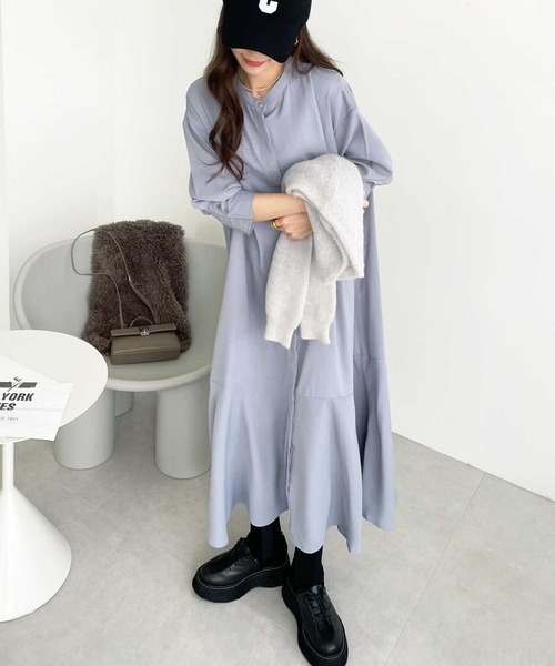 GeeRA（ジーラ）の「裾フレアーロングシャツワンピース（シャツワンピース・レディース・ブルー/ベージュ/ブラック・XX-LARGE/X-LARGE/MEDIUM/LARGE）」の9枚目の写真