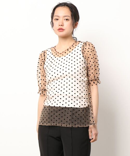 VIBGYOR Women(ヴィブジョー ウィメン)の「【KOREA SELECT】ドット柄 チュール 半袖ブラウス(シャツ/ブラウス・レディース・ブラック/カーキ・FREE)」の12枚目の写真