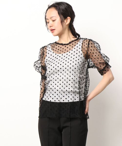 VIBGYOR Women(ヴィブジョー ウィメン)の「【KOREA SELECT】ドット柄 チュール 半袖ブラウス(シャツ/ブラウス・レディース・ブラック/カーキ・FREE)」の6枚目の写真