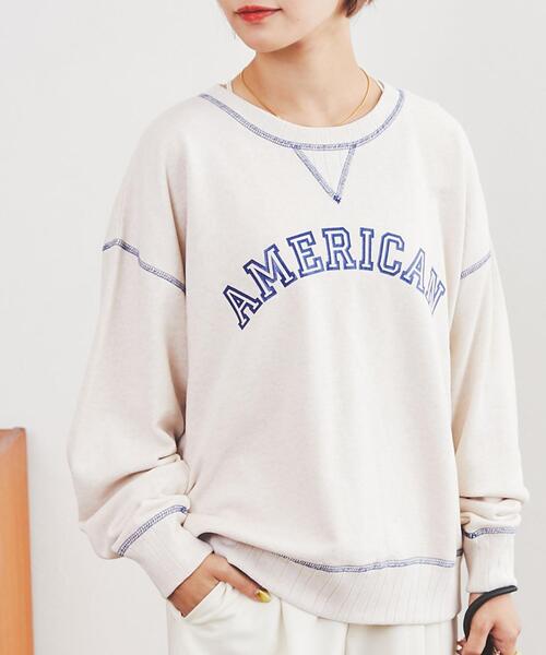 coen（コーエン）の「USAコットン裏毛AMERICAN/BEAUTYロゴプリントスウェット（スウェット・レディース・ダークグリーン/ナチュラル/オレンジ・L/M）」の2枚目の写真