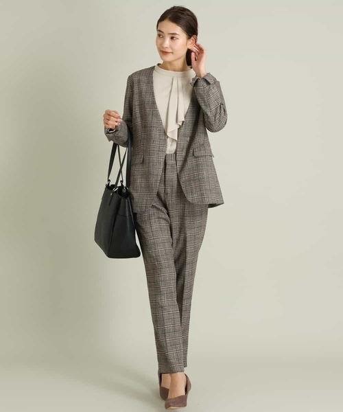 a.v.v(アーヴェヴェ)の「【セットアップ対応】チェック柄ノーカラージャケット【CARREMAN】(ノーカラージャケット・レディース・ブラウン・38/40/34/36/42)」の2枚目の写真