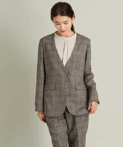 a.v.v(アーヴェヴェ)の「【セットアップ対応】チェック柄ノーカラージャケット【CARREMAN】(ノーカラージャケット・レディース・ブラウン・38/40/34/36/42)」の6枚目の写真