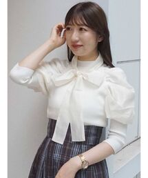 ボウタイ付き異素材バルーンスリーブニット