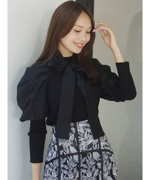 MERCURYDUO（マーキュリーデュオ）の「ボウタイ付き異素材バルーンスリーブニット（ニット/セーター・レディース・オフホワイト/ブラック/ミント・FREE）」の2枚目の写真