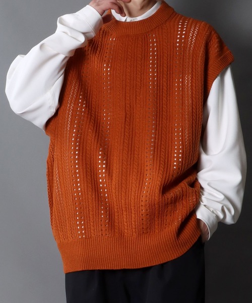 SITRY（シトリー）の「Openwork knitting vest/透かし編み ニットベスト（ベスト・メンズ・ライトグリーン/グレイッシュベージュ/グレイッシュブルー/テラコッタ/ブラック・M/L）」の20枚目の写真