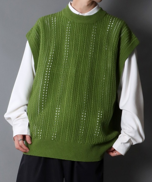 SITRY（シトリー）の「Openwork knitting vest/透かし編み ニットベスト（ベスト・メンズ・ライトグリーン/グレイッシュベージュ/グレイッシュブルー/テラコッタ/ブラック・M/L）」の21枚目の写真