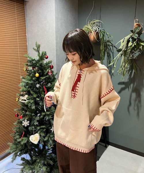 shesame シーセム の ブランケットステッチニットパーカー ニット セーター