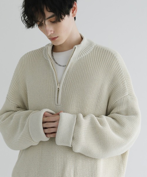 LILL(リル)の「ロールスリーブビッグシルエットハーフジップニット(ニット/セーター・メンズ・ライトグレー/ブラック/オフホワイト/ブルー・S/M/L/XL)」の5枚目の写真