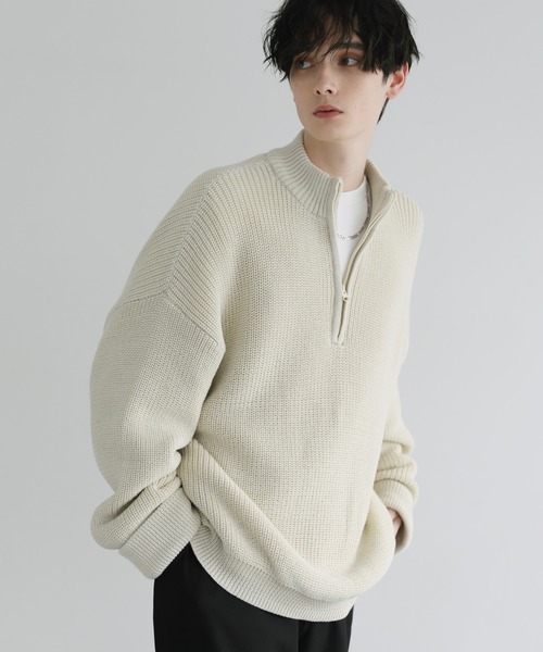 新品 ラッセルノ ジップ アップ ニット ビック フーディー ホワイト M セール】ロールスリーブビッグシルエットハーフジップニット