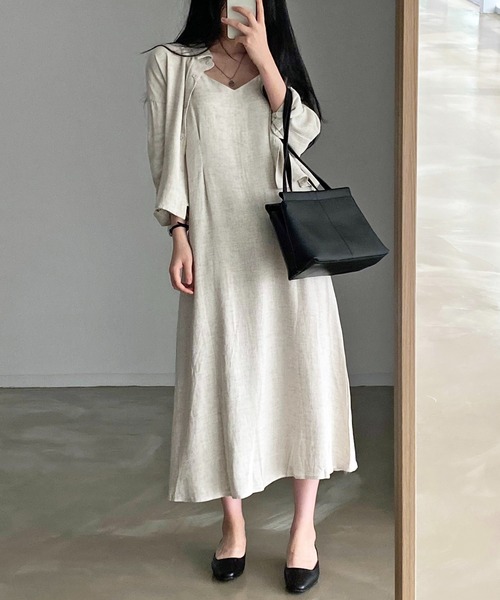 Jewelobe(ジュエローブ)の「ショートシャツ&ロングキャミワンピースセットアップ(ワンピース・レディース・ブラウン/ベージュ・FREE)」の5枚目の写真