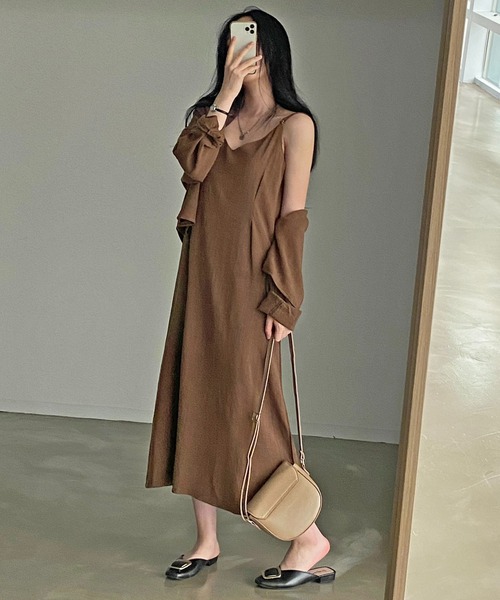 Jewelobe(ジュエローブ)の「ショートシャツ&ロングキャミワンピースセットアップ(ワンピース・レディース・ブラウン/ベージュ・FREE)」の12枚目の写真