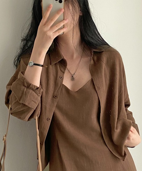 Jewelobe(ジュエローブ)の「ショートシャツ&ロングキャミワンピースセットアップ(ワンピース・レディース・ブラウン/ベージュ・FREE)」の13枚目の写真