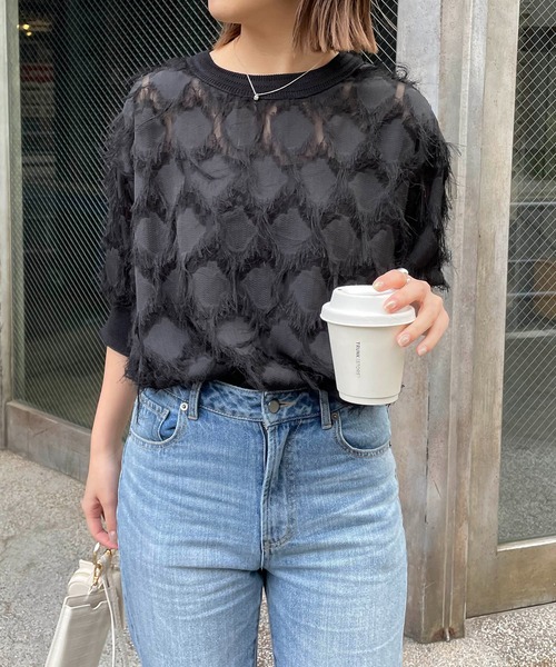 CAPRICIEUX LE'MAGE（カプリシューレマージュ）の「ハーフスリーブフリンジブラウス（シャツ/ブラウス・レディース・ブラック/アイボリー・FREE）」の3枚目の写真