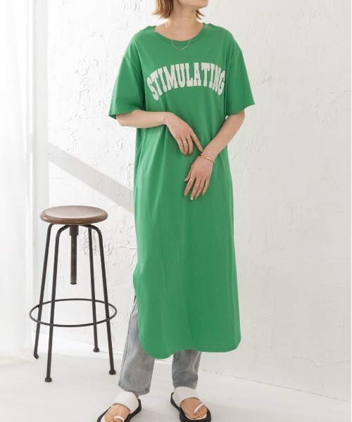 ad thie（アドティエ）の「ロゴスウェット プリント スリット入り 半袖Tシャツ ワンピース（ワンピース・レディース・ブラック/グリーン/チャコール/スカイブルー/ダークブラウン/ブルーグレー/ベビーピンク/ブラウン・FREE/LL）」の7枚目の写真