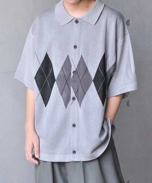 NILWAY(ニルウェイ)の「アーガイル柄オーバーサイズ 半袖 ポロニット(ニット/セーター・メンズ・グレー/グリーン/ネイビー/ブラック/アイボリー・LARGE/MEDIUM)」の4枚目の写真