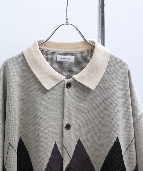 NILWAY(ニルウェイ)の「アーガイル柄オーバーサイズ 半袖 ポロニット(ニット/セーター・メンズ・グレー/グリーン/ネイビー/ブラック/アイボリー・LARGE/MEDIUM)」の17枚目の写真