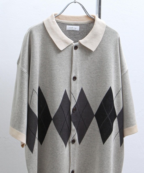 NILWAY(ニルウェイ)の「アーガイル柄オーバーサイズ 半袖 ポロニット(ニット/セーター・メンズ・グレー/グリーン/ネイビー/ブラック/アイボリー・LARGE/MEDIUM)」の18枚目の写真