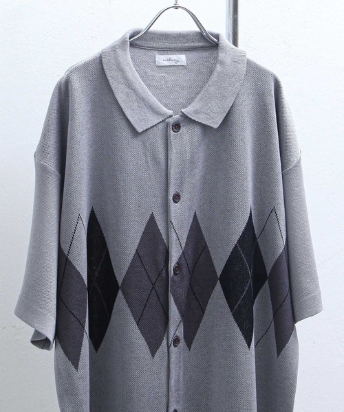 NILWAY(ニルウェイ)の「アーガイル柄オーバーサイズ 半袖 ポロニット(ニット/セーター・メンズ・グレー/グリーン/ネイビー/ブラック/アイボリー・LARGE/MEDIUM)」の15枚目の写真